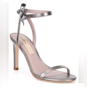 NWT Deltan Miranda Leather Ankle Bow Dress Sandals, Size 9, Pewter Prom Shoes